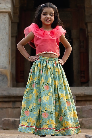 Blue Cotton Floral Printed Lehenga Set For Girls by ViYa