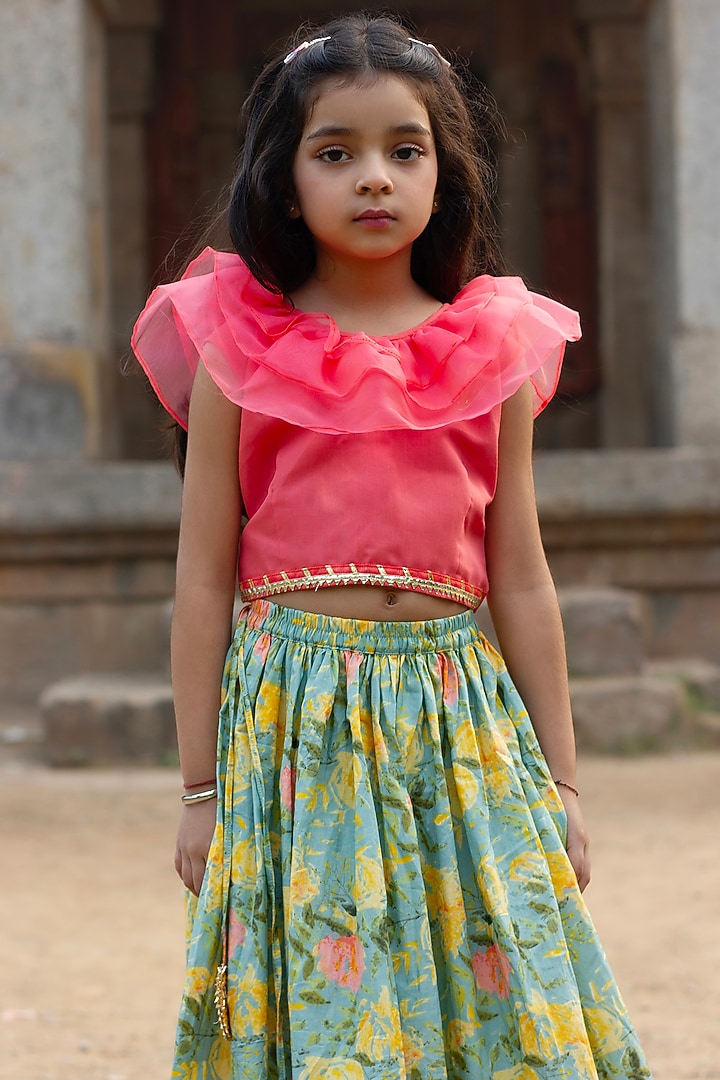 Blue Cotton Floral Printed Lehenga Set For Girls by ViYa at Pernia's Pop Up Shop