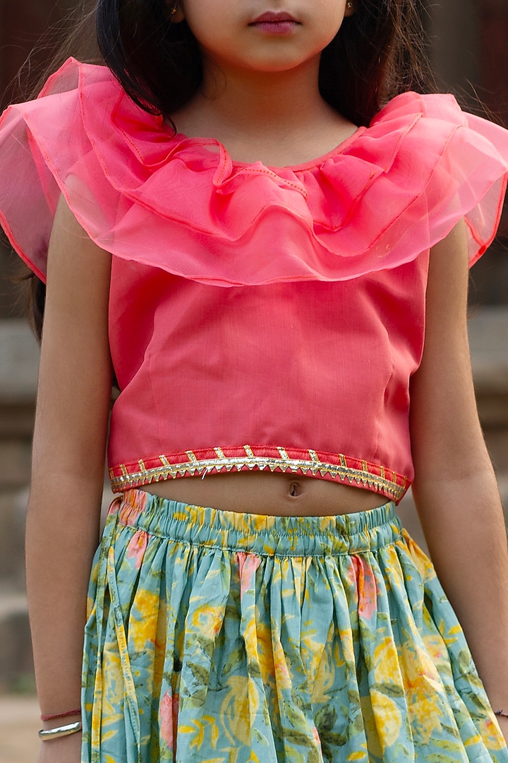 Blue Cotton Floral Printed Lehenga Set For Girls by ViYa at Pernia's Pop Up Shop