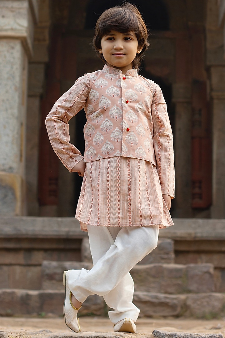 Latte Brown Cotton Floral Printed Nehru Jacket Set For Boys by ViYa
