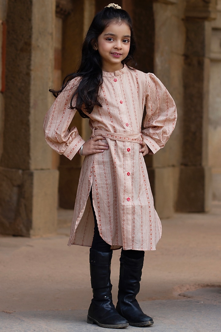 Latte Brown Cotton Printed Shirt Dress For Girls by ViYa