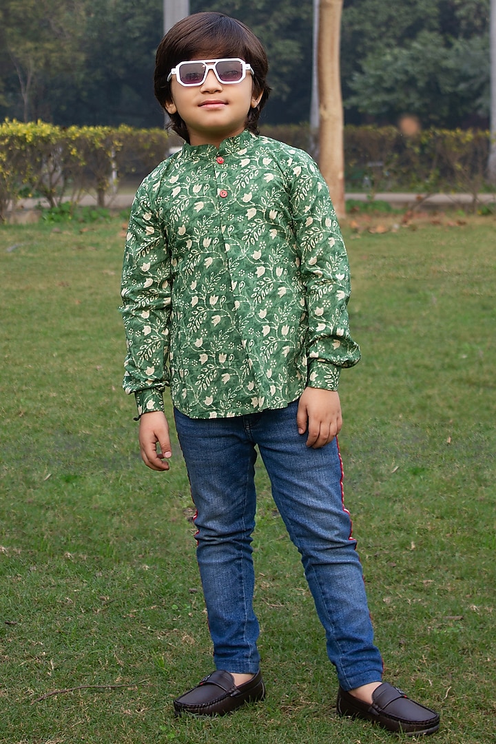 Green Cotton Floral Printed Shirt For Boys by ViYa