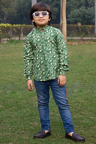 Green Cotton Floral Printed Shirt For Boys by ViYa