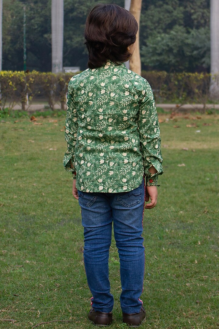Green Cotton Floral Printed Shirt For Boys by ViYa at Pernia's Pop Up Shop