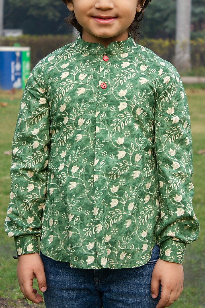 Green Cotton Floral Printed Shirt For Boys by ViYa at Pernia's Pop Up Shop