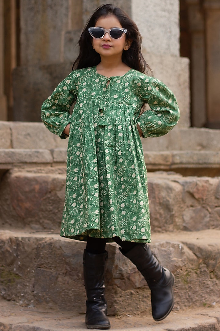 Green Cotton Floral Printed Dress For Girls by ViYa