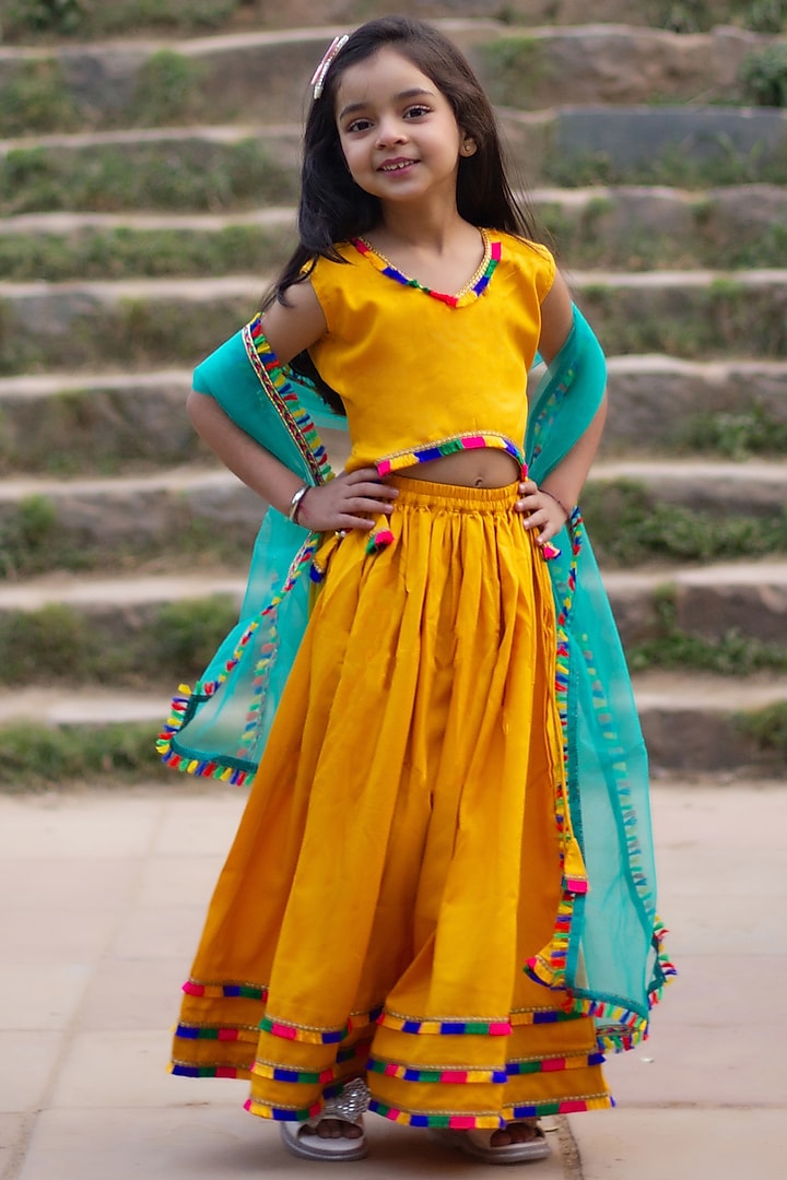 Mustard Yellow Cotton Embellished Lehenga Set For Girls by ViYa