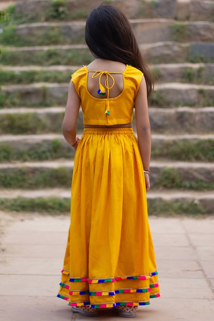 Mustard Yellow Cotton Embellished Lehenga Set For Girls by ViYa at Pernia's Pop Up Shop