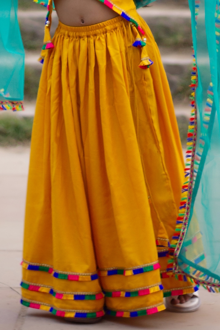 Mustard Yellow Cotton Embellished Lehenga Set For Girls by ViYa at Pernia's Pop Up Shop