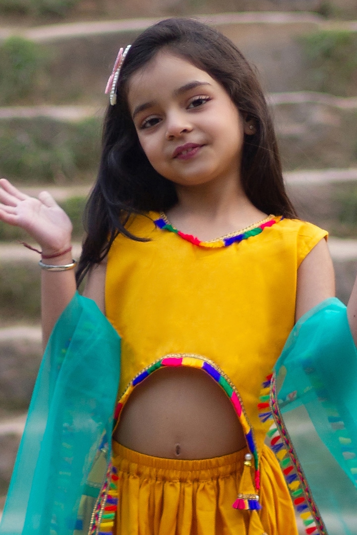 Mustard Yellow Cotton Embellished Lehenga Set For Girls by ViYa at Pernia's Pop Up Shop