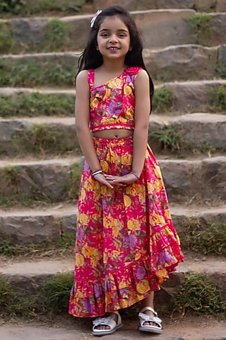 Pink Cotton Floral Printed Lehenga Set For Girls by ViYa
