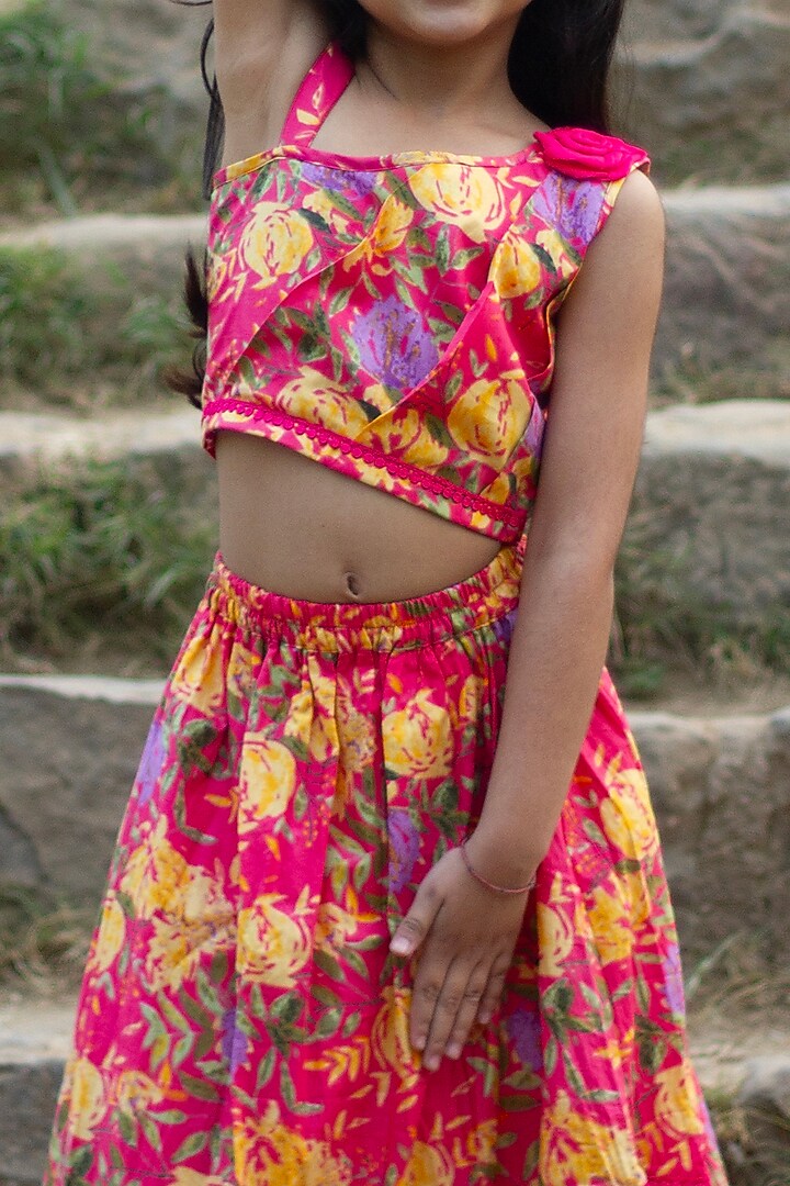 Pink Cotton Floral Printed Lehenga Set For Girls by ViYa at Pernia's Pop Up Shop