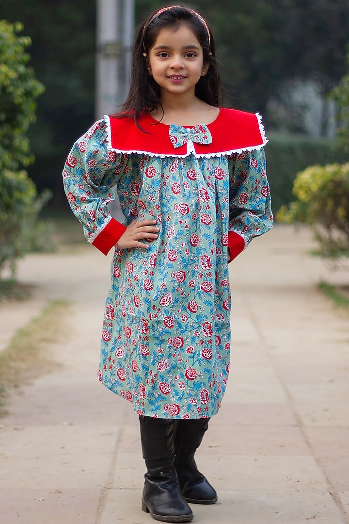 Blue Cotton Floral Printed Dress For Girls by ViYa