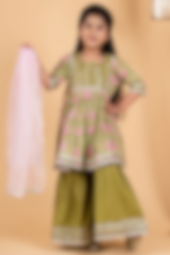 Green Cotton Sharara Set For Girls by ViYa at Pernia's Pop Up Shop