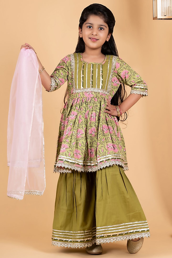 Green Cotton Sharara Set For Girls by ViYa at Pernia's Pop Up Shop