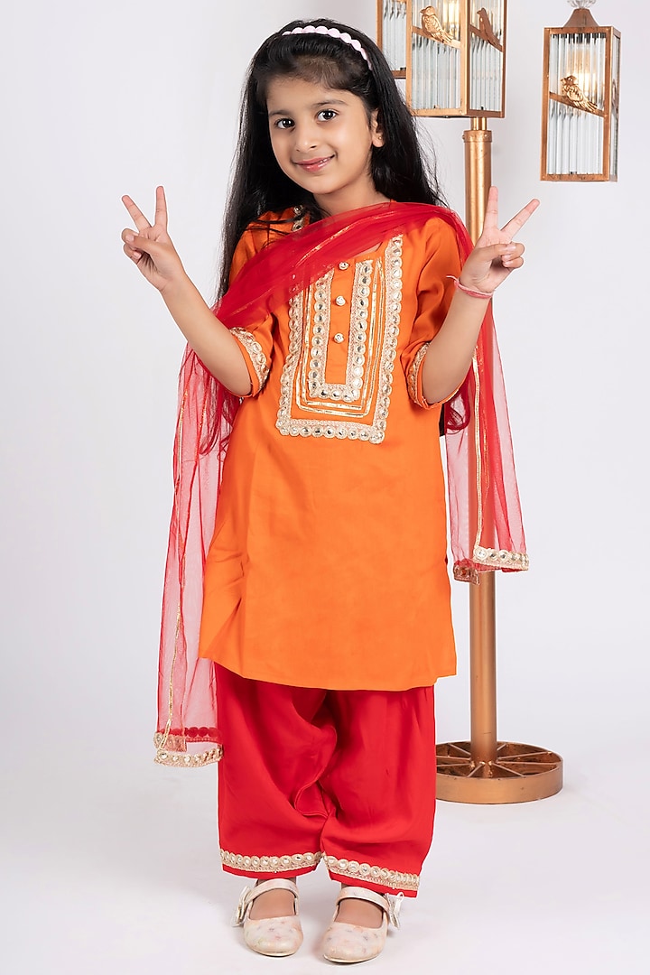Orange Cotton Embellished Kurta Set For Girls by ViYa at Pernia's Pop Up Shop