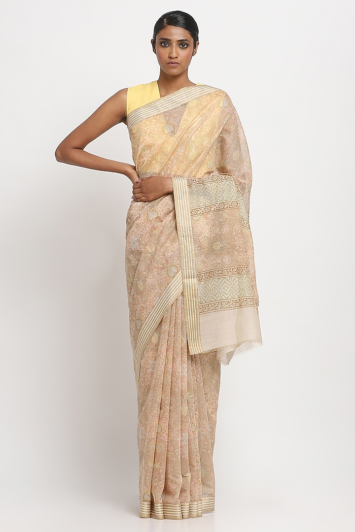 Light Pink Silk Cotton Handwoven Maheshwari Festive Saree by Via East at Pernia's Pop Up Shop