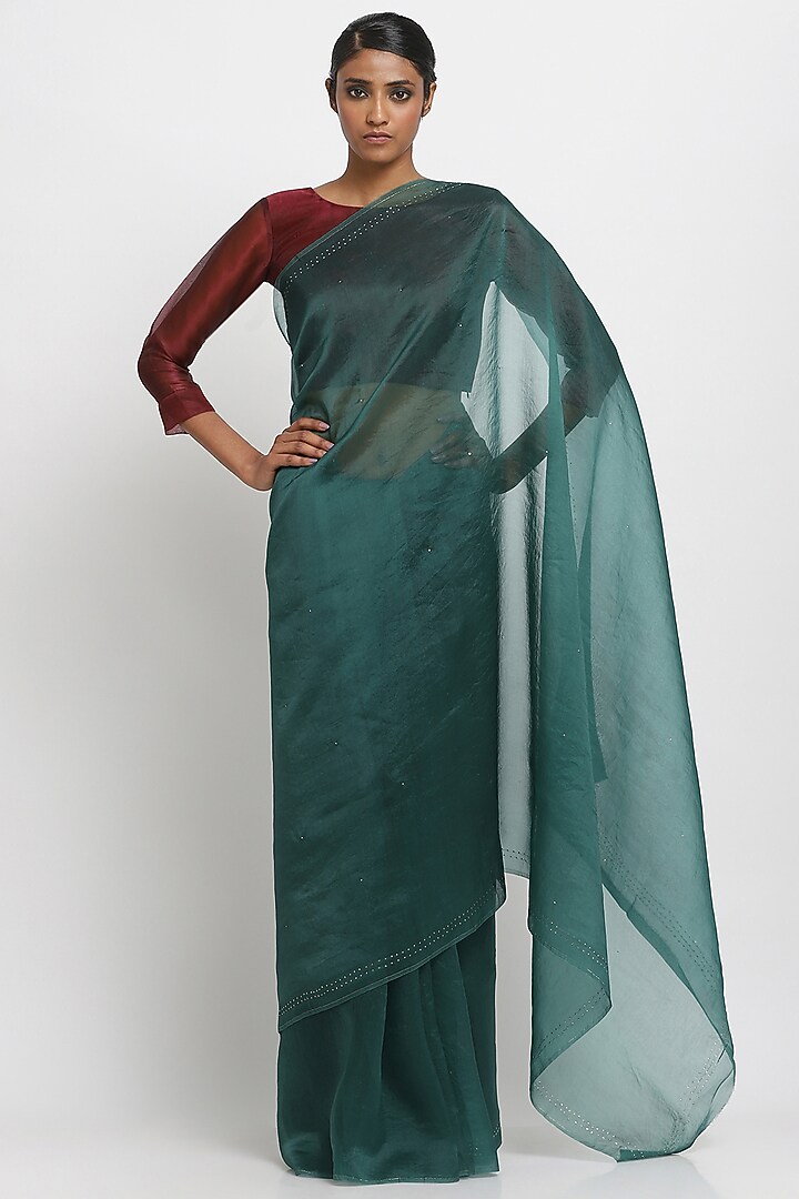 Green Pure Silk Organza Festive Saree by Via East at Pernia's Pop Up Shop