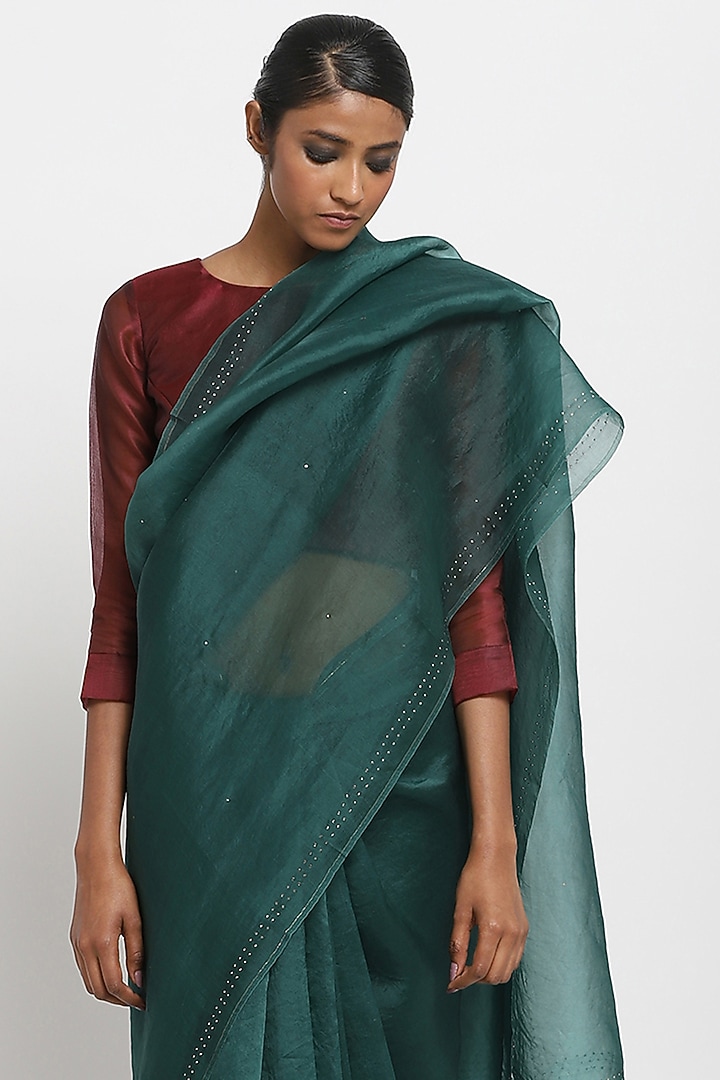 Green Pure Silk Organza Festive Saree by Via East at Pernia's Pop Up Shop