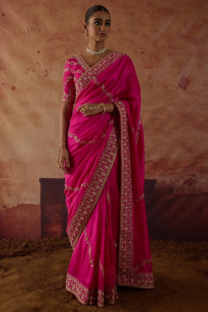 Pink Pure Silk Zardosi Embroidered Reception Saree Set by Vinita Bhansali at Pernia's Pop Up Shop