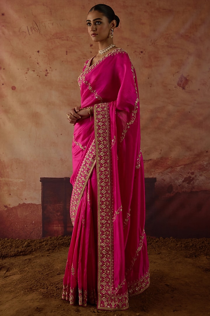 Pink Pure Silk Zardosi Embroidered Reception Saree Set by Vinita Bhansali at Pernia's Pop Up Shop