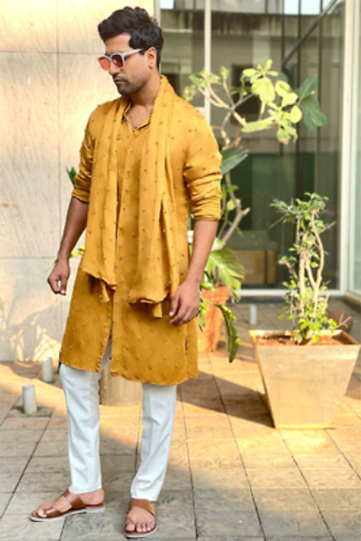 Mustard Linen Satin Embroidered Kurta With Stole by Kunal Rawal