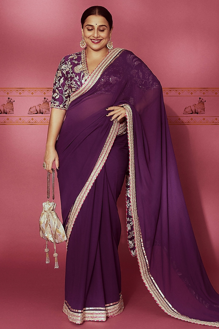 Purple Chiffon Gold Embroidered Saree Set by GOPI VAID
