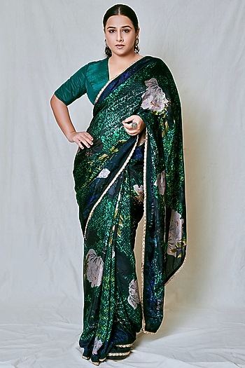 Emerald Green Viscose Silk Floral Printed Party Wear Saree Set by Devyani Mehrotra at Pernia's Pop Up Shop