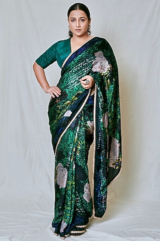 Emerald Green Viscose Silk Floral Printed Saree Set by Devyani Mehrotra