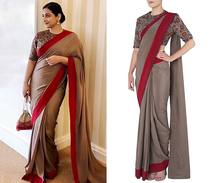 Grey pre-stitched saree with floral embroidered blouse available only at Pernia's Pop Up Shop.