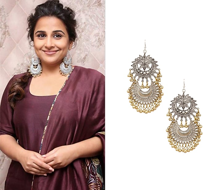 Ritika Sachdeva presents Silver finish floral cutwork crescent gold ghungroo earrings available only at Pernia's Pop Up Shop.