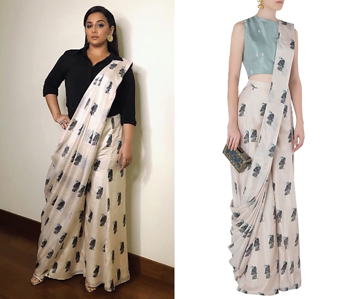 Beige printed drape saree with teal crop top available only at Pernia's Pop Up Shop.