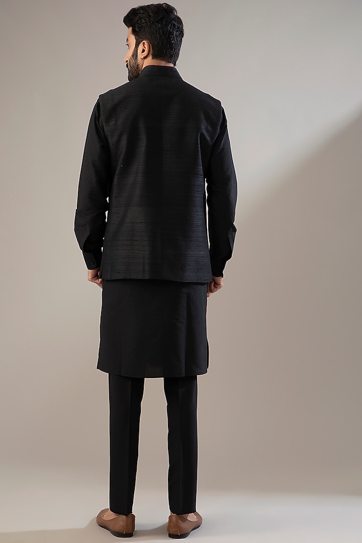 Black Raw Silk Nehru Jacket Set by VICUGNA at Pernia's Pop Up Shop
