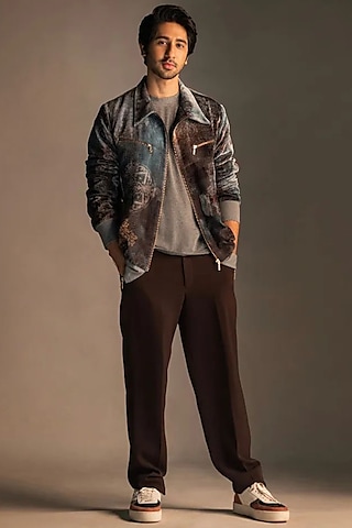 Flint Grey Printed Bomber Jacket by Nirmooha Men