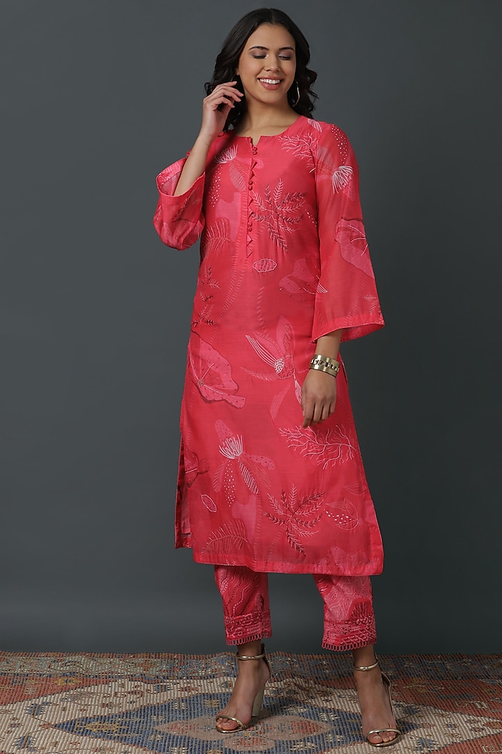 Fushia Pink Cotton Silk Hand Embroidered Kurta Set by VINNY KHURANA OFFICIAL at Pernia's Pop Up Shop