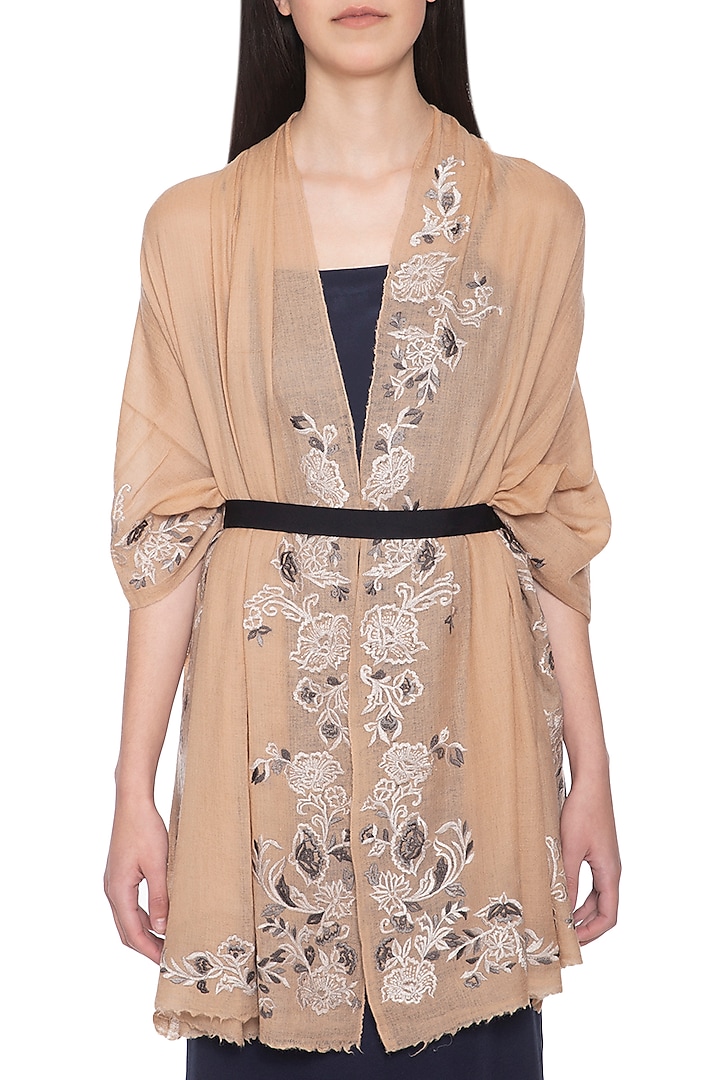 Peach embroidered floral stole by Vilasa