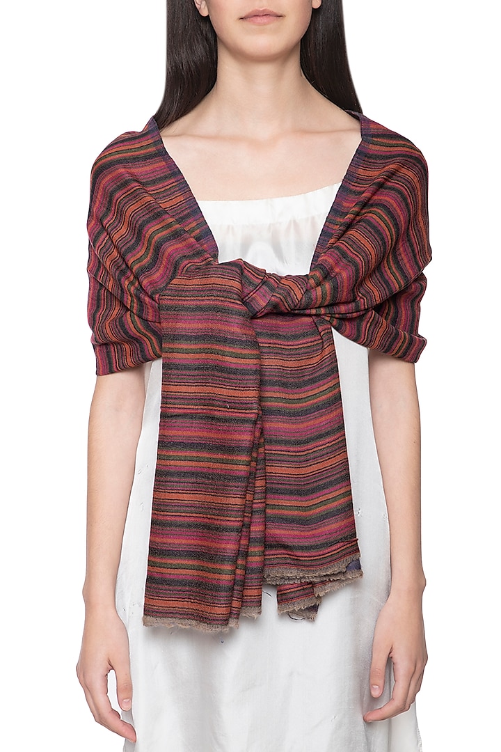 Multicolour stripes and solid reversible shawl by Vilasa