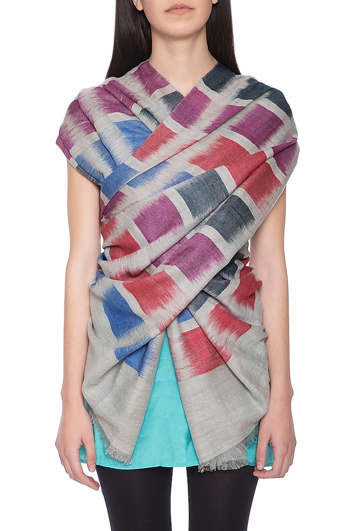 Multicolour handwoven geometric ikkat shawl by Vilasa