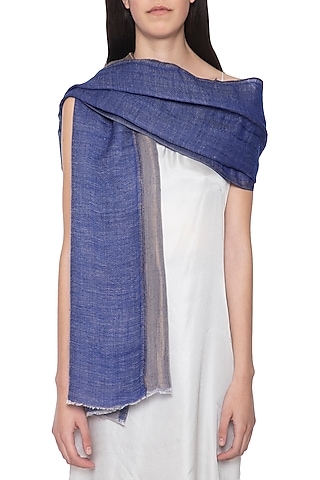 Blue Wool & Zari Reversible Stole by Vilasa