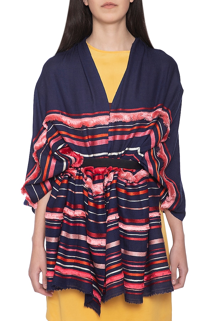 Navy blue embroidered stripes and fringes stole by Vilasa