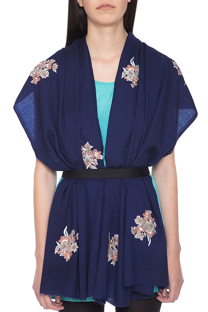 Navy blue floral embroidered stole by Vilasa at Pernia's Pop Up Shop