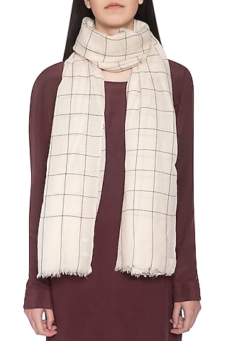 White handwoven checkered shawl by Vilasa