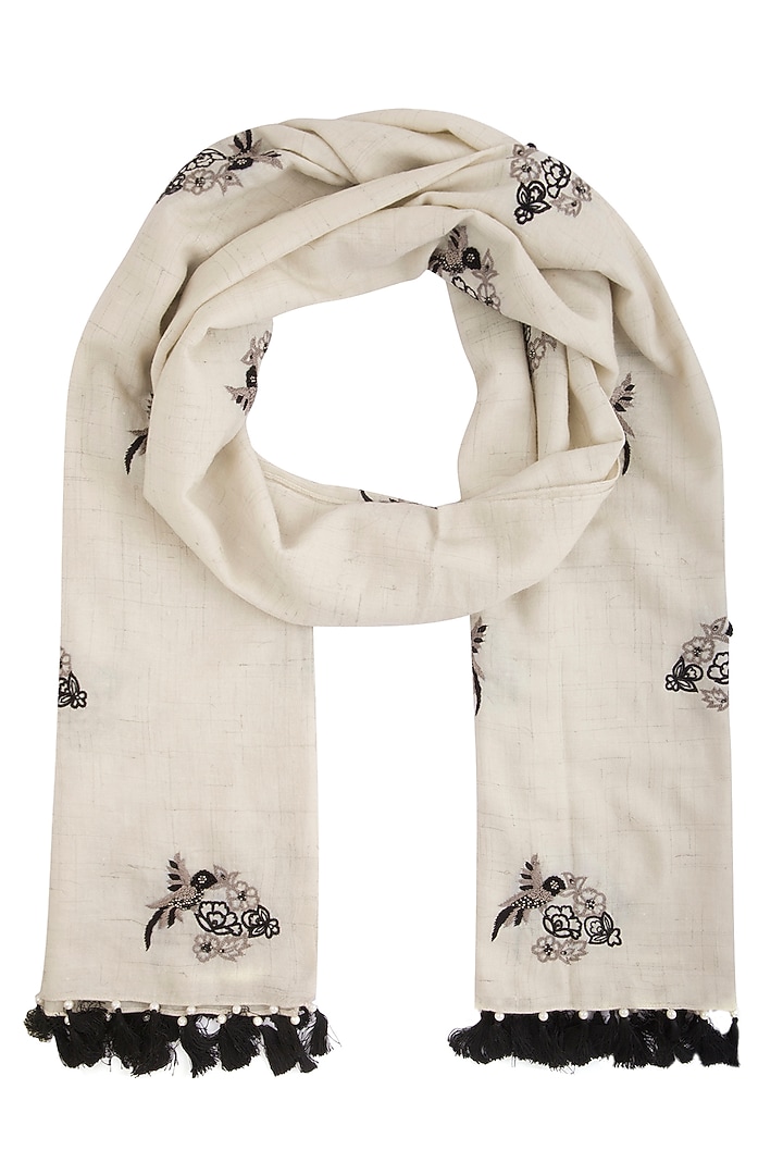 White embroidered hand woven stole by Vilasa at Pernia's Pop Up Shop