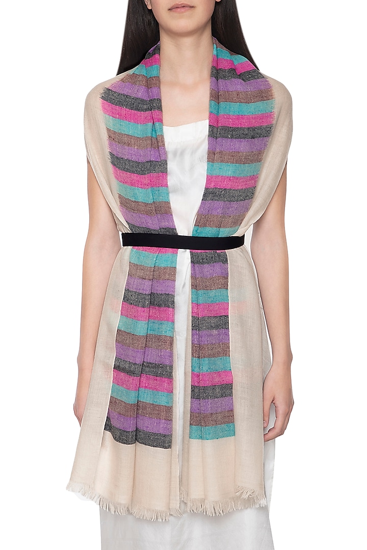 Off white handwoven striped stole by Vilasa