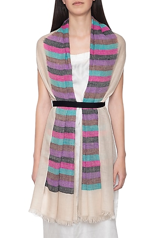 Off white handwoven striped stole by Vilasa
