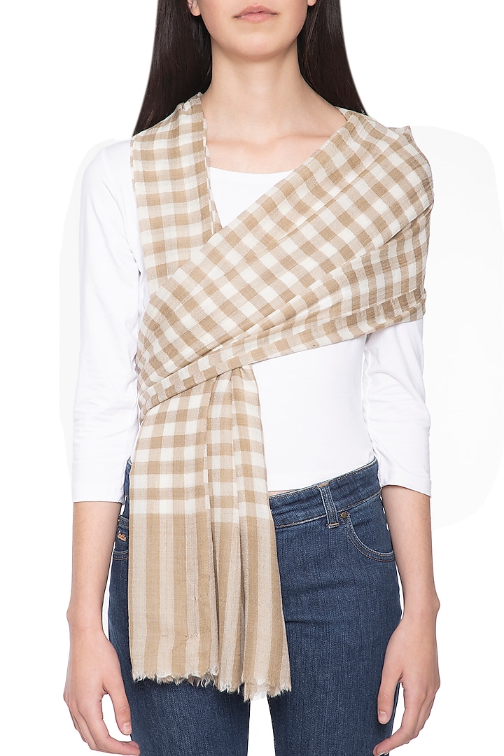 Light brown and off white geometrical hand woven stole by Vilasa