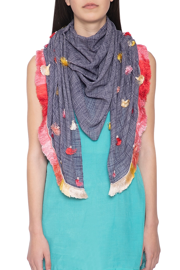 Blue Embroidered Fringe Stole by Vilasa