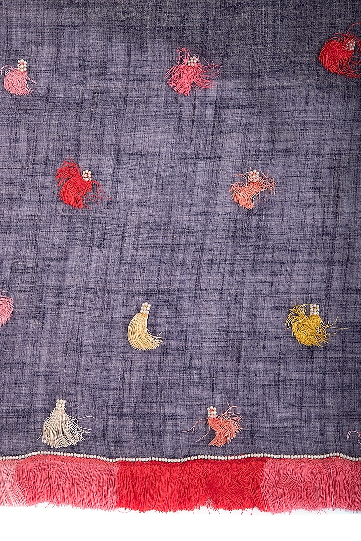Blue Embroidered Fringe Stole by Vilasa at Pernia's Pop Up Shop