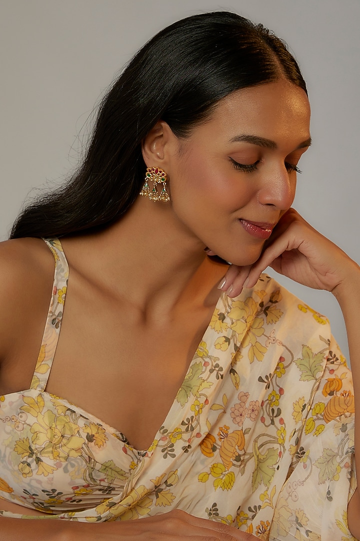 Gold Plated Green Stone & Pearl Gugri Dangler Earrings In Sterling Silver by Vinanti Manji at Pernia's Pop Up Shop