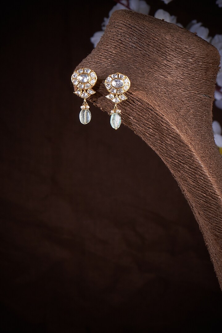 Gold Finish Fluorite Stone & Pearl Dangler Earrings In Sterling Silver by Vinanti Manji at Pernia's Pop Up Shop